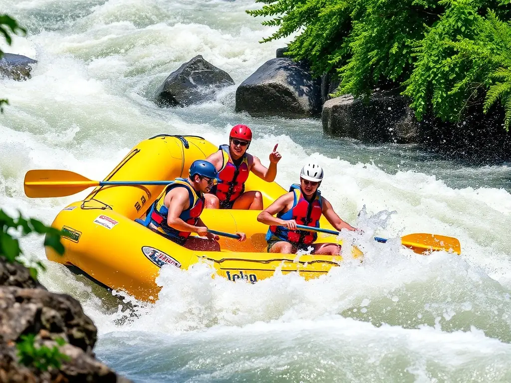 A group of adventurers navigating a rapid in a bright yellow raft, surrounded by lush greenery, showcasing the excitement of rafting adventures.