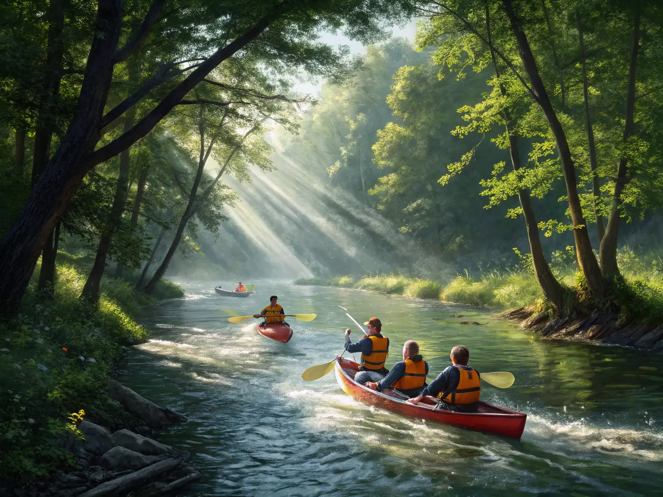 A vibrant image of a group of people rafting down a river, paddles raised in excitement, showcasing the thrill and teamwork involved in white-water rafting with ABOARD RAFTING.