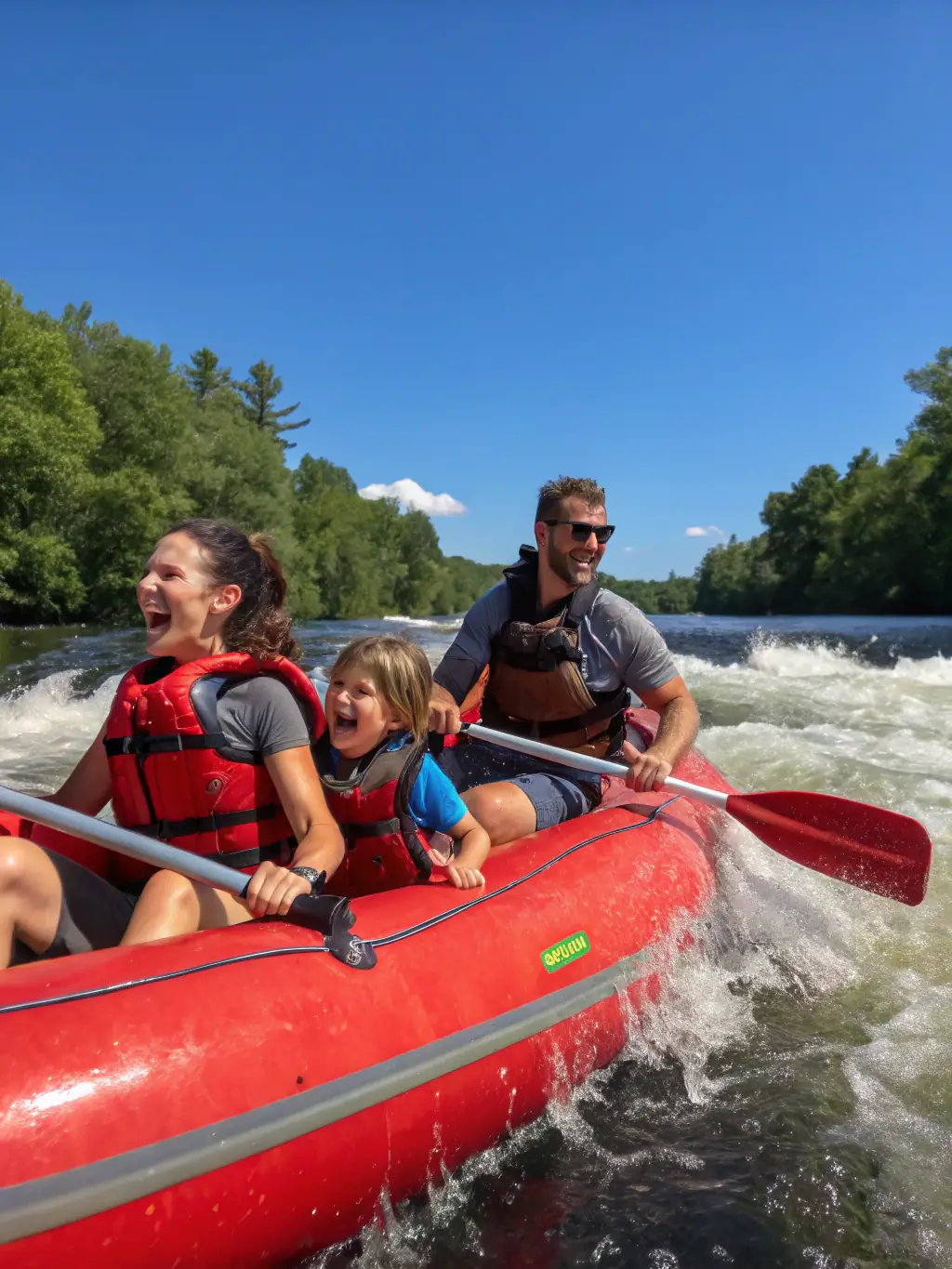 A group of adventurers navigating a rapid in a bright yellow raft, surrounded by lush greenery, showcasing ABOARD RAFTING's rafting adventures.