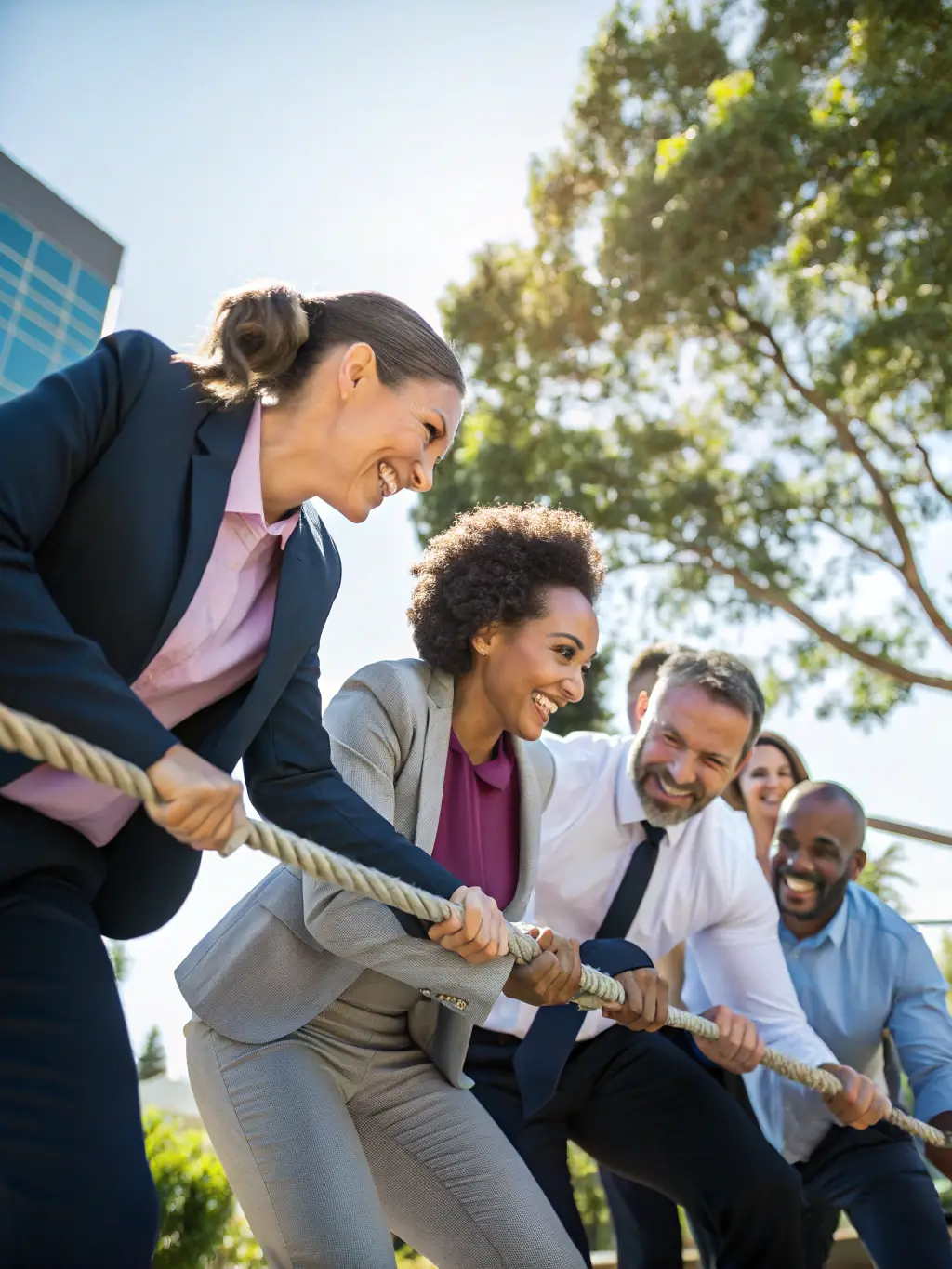 A group of colleagues working together to navigate a ropes course near the riverbank, representing ABOARD RAFTING's team-building programs.