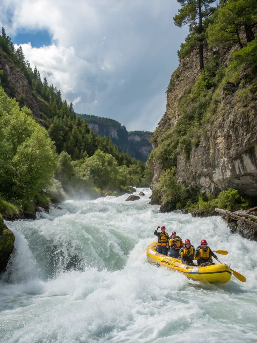 A vibrant image of a group of people laughing and paddling together in a raft on a sunny river, showcasing the fun and teamwork involved in ABOARD RAFTING's adventures.