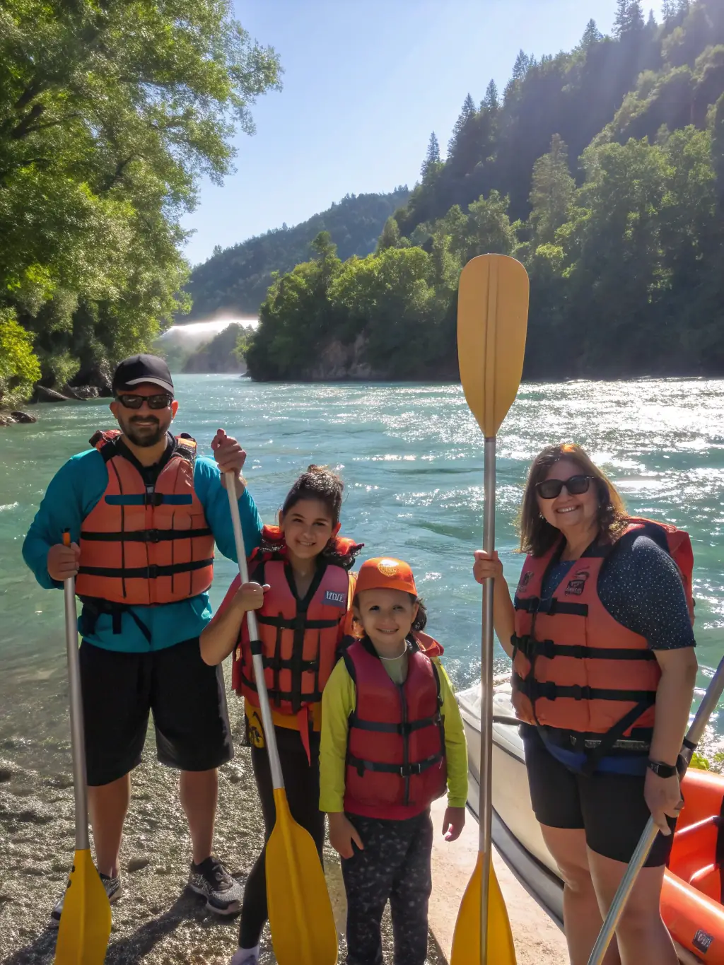 A family paddling on a calm river with scenic views and clear blue water, illustrating ABOARD RAFTING's recreational water activities.