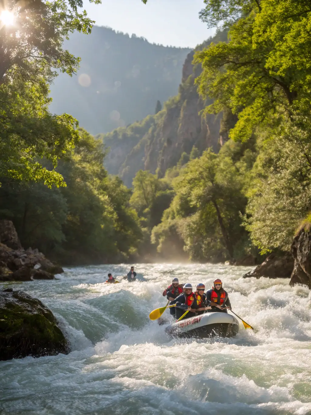 A dynamic photo of a team participating in a water-based challenge, demonstrating the collaboration and problem-solving aspects of ABOARD RAFTING's team-building programs.