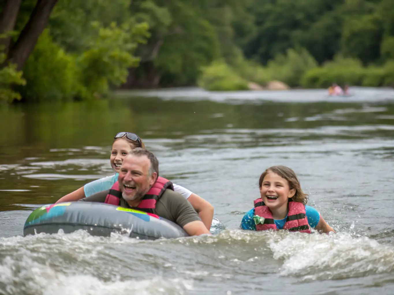 A family paddling on a calm river with scenic views and clear blue water, representing the relaxing recreational water activities.