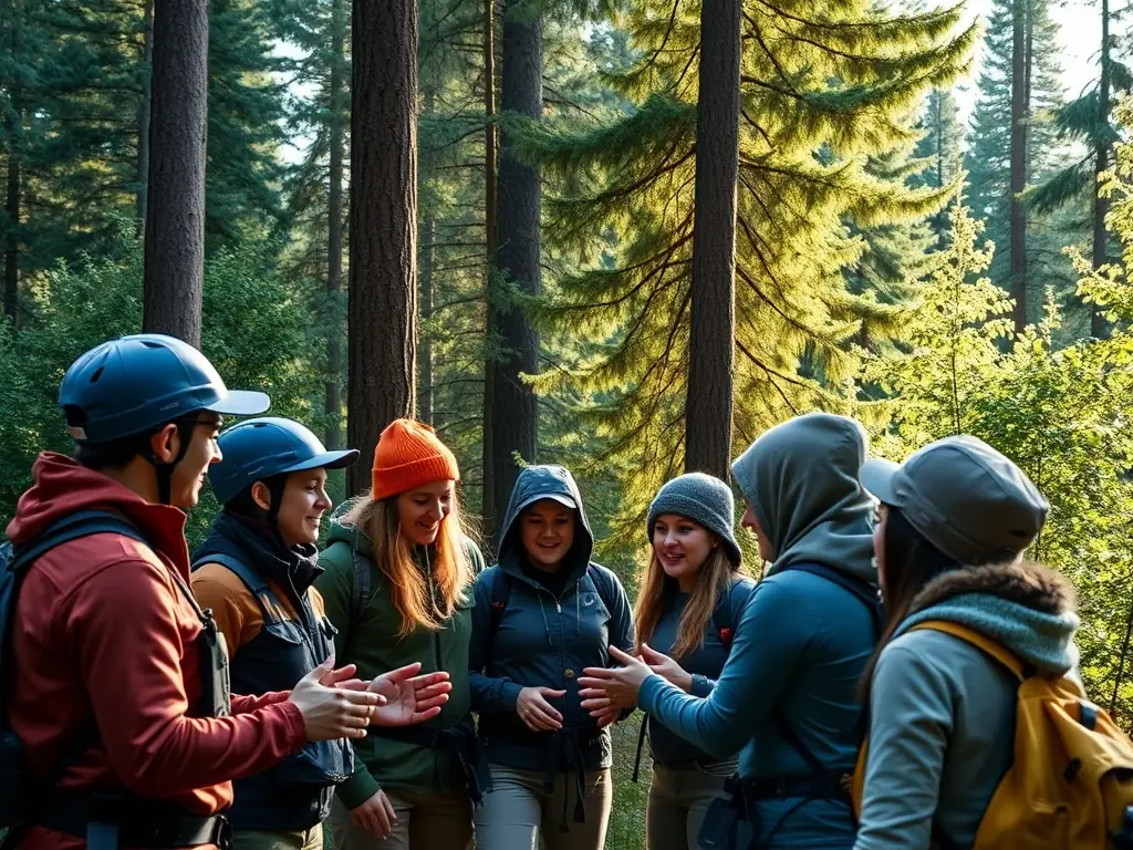 A group of colleagues working together to navigate a ropes course near the riverbank, illustrating the collaborative nature of team-building programs.